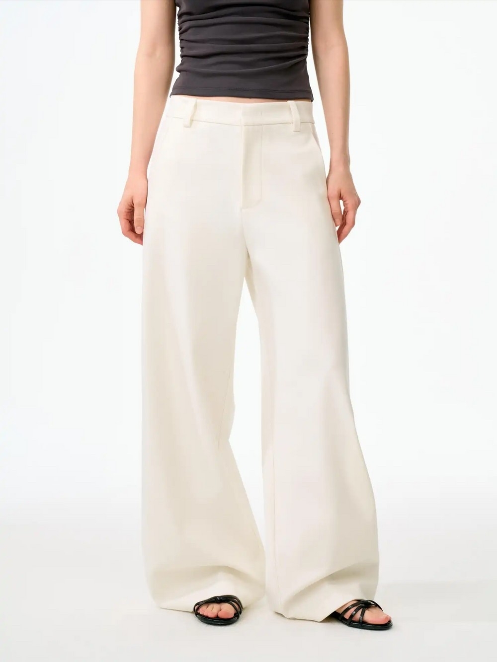 Max Studio Ivory Wide-leg Trousers High-waist Elastic Waist Minimalist Business